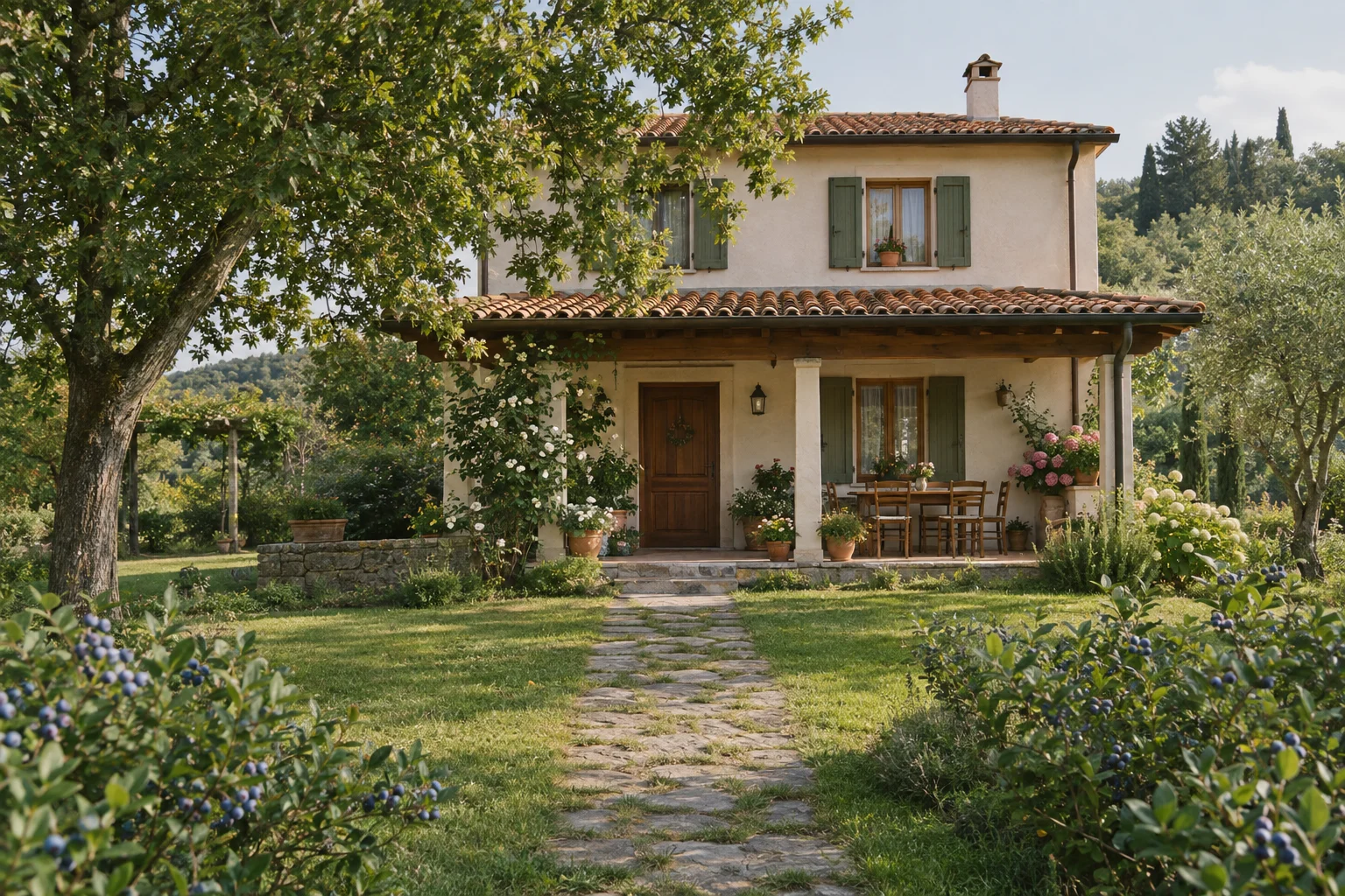 A cared-for two-story farmhouse, with flowers on the veranda and a path through a green garden.
