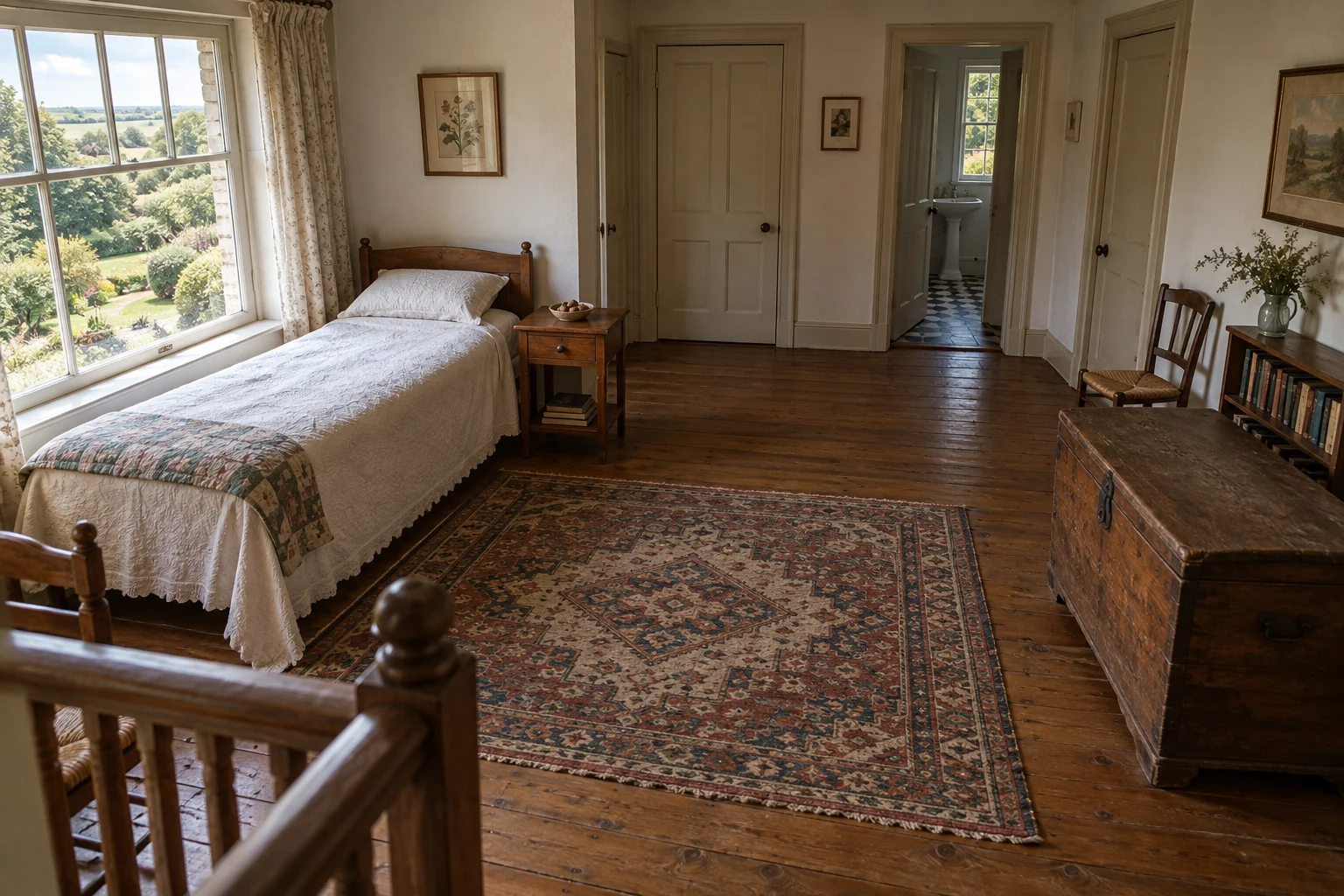 The upstairs room, with her bed beside the window.
