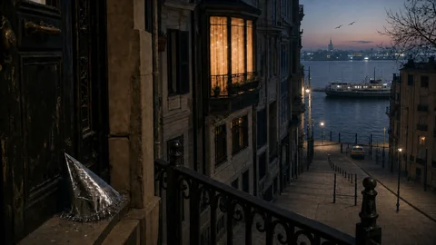 An empty Istanbul street descends toward the Bosphorus at first light on New Year's Day. A silver paper party hat rests on a dry doorstep; warm light glows behind curtains, a ferry crosses the blue-grey water, and two gulls fly beneath a faint rose dawn.