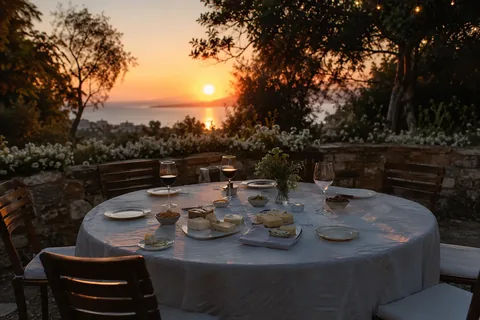 A round table covered with a white tablecloth, set outdoors on a stone terrace overlooking the sea at sunset. Five wooden chairs surround the table. The warm, golden light of the setting sun illuminates plates piled with various cheeses, small bowls of olives and nuts, and glasses of red wine. String lights hang from the branches of a tree overhead.