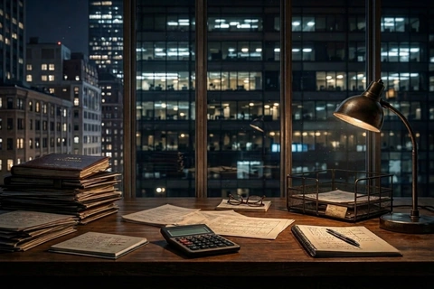 An empty late-night office desk with stacks of papers and ledgers, a calculator, an open notebook and pen, and a desk lamp against the lit windows of another office building.