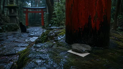 A folded cream envelope lies on wet moss at the base of a rain-darkened red torii pillar, held in place by a flat stone. In the blurred background, a black cat sits on the shrine path between torii gates under the forest after rain.