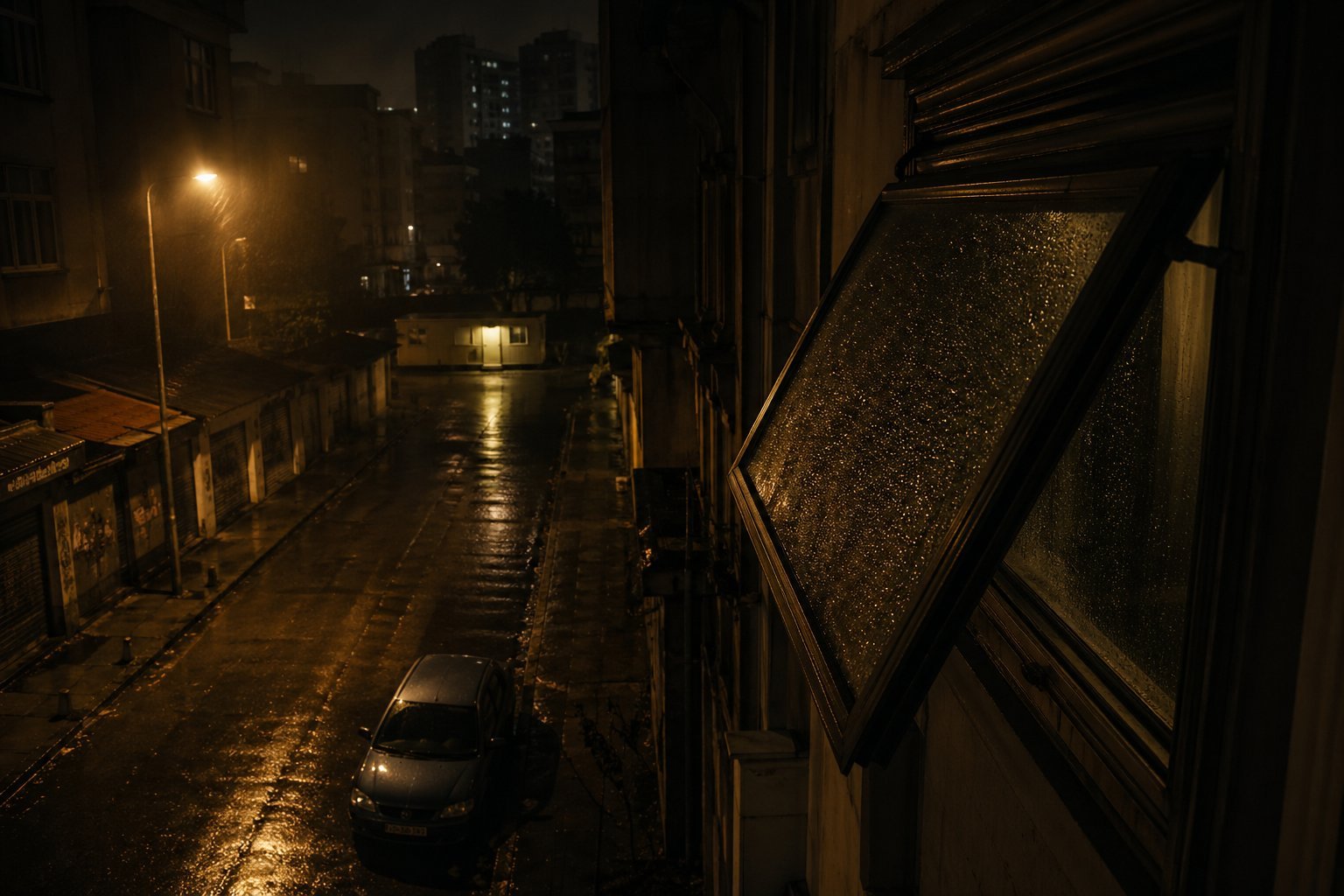 A rainy night street viewed from inside a flat through an open vasistas window; sodium streetlamp on wet asphalt; a parked car in the foreground; a trailer with a faintly lit window in the distance.