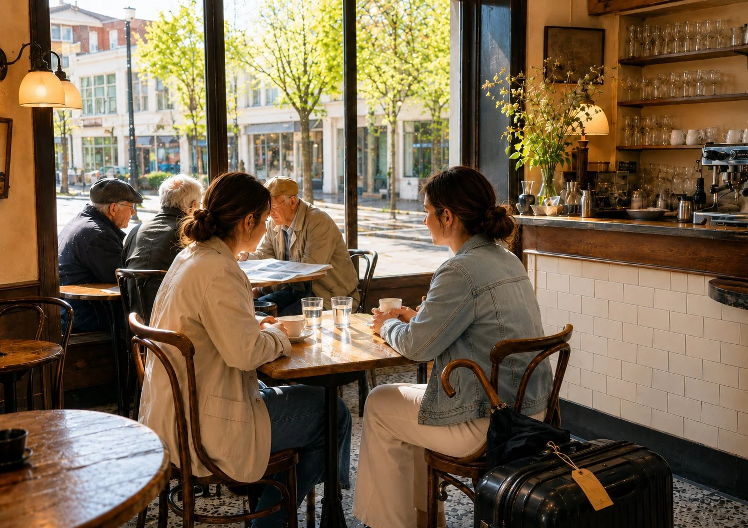 A sunlit café interior just after rain. Two women in light coats sit at a small wooden table with two cups and glasses of water; a dark suitcase with a paper tag stands beside one chair. At the window table, three older men lean over an open newspaper. Behind the counter, shelves of glasses and an espresso machine. Through the tall windows, wet pavement and trees in bright light.