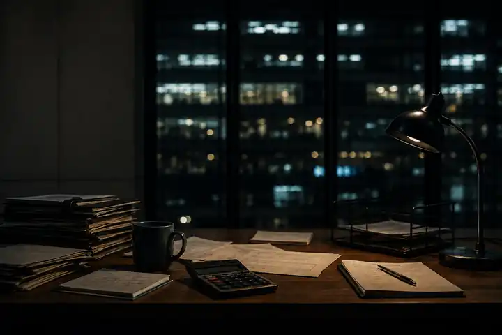 An empty late-night office with stacks of papers, a calculator, a coffee mug, and a desk lamp against the blurred windows of another lit office building.