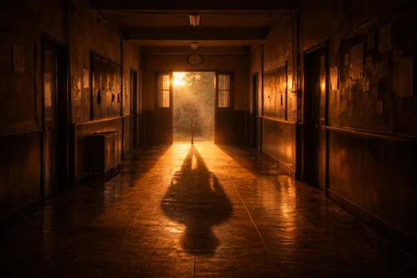 An empty school corridor in the late afternoon. Warm amber light spills through the open doors at the far end, throwing a single long shadow across the polished tiles. The walls are dark, the light ahead is not.