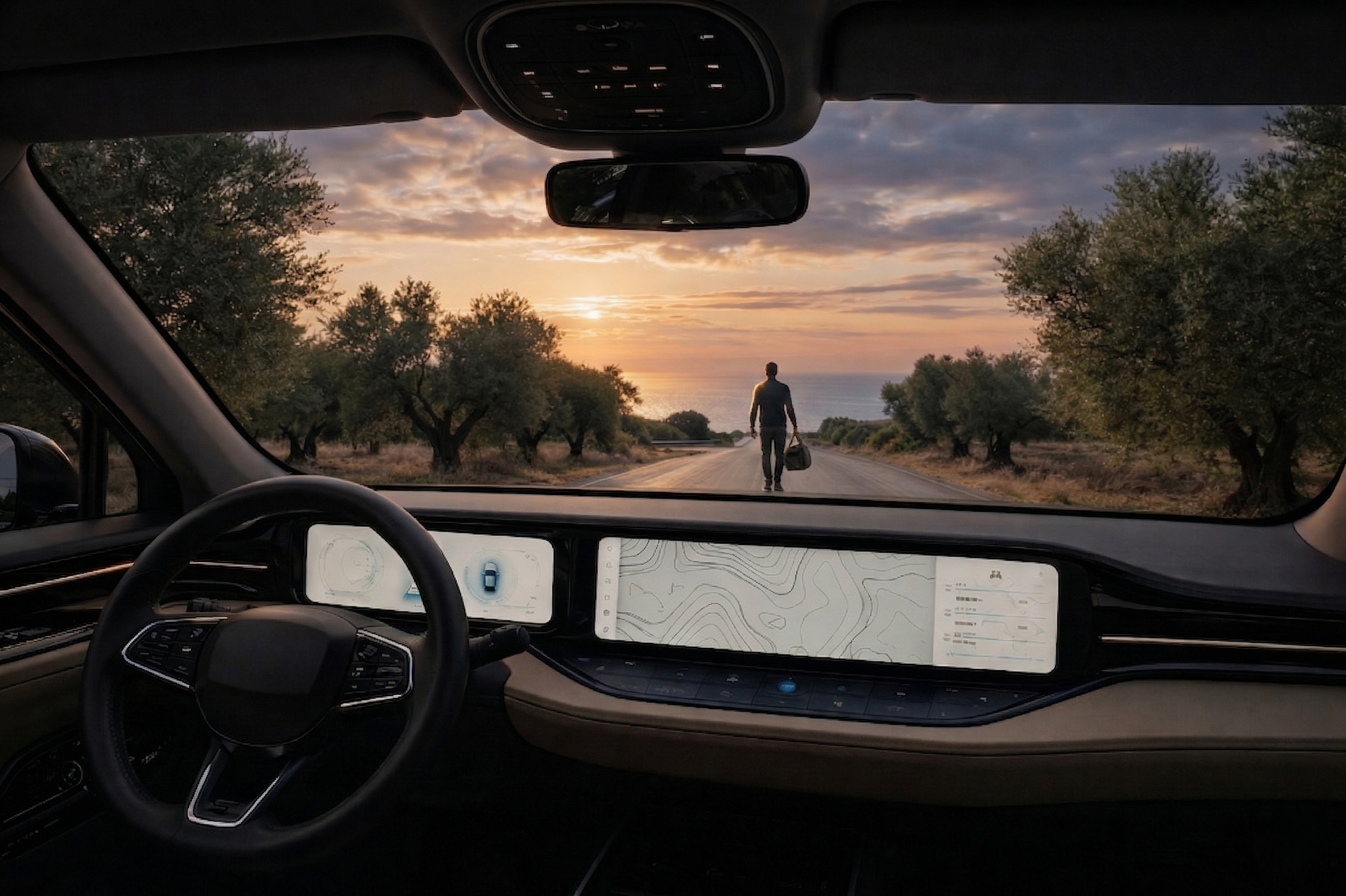 A lone car on an Aegean coastal road stretching toward a vanishing point