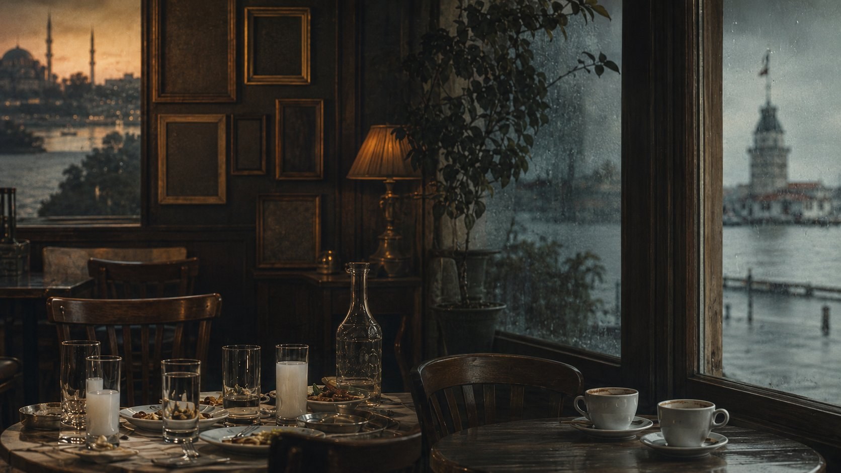 A dim İstanbul café at dusk. On the left, a rakı table with glasses and meze beneath framed portraits and a warm lamp, a mosque silhouetted against a fading sunset through the window. On the right, two cups of coffee on a small table by a rain-streaked window looking out on the Maiden's Tower under a blue, overcast sky.