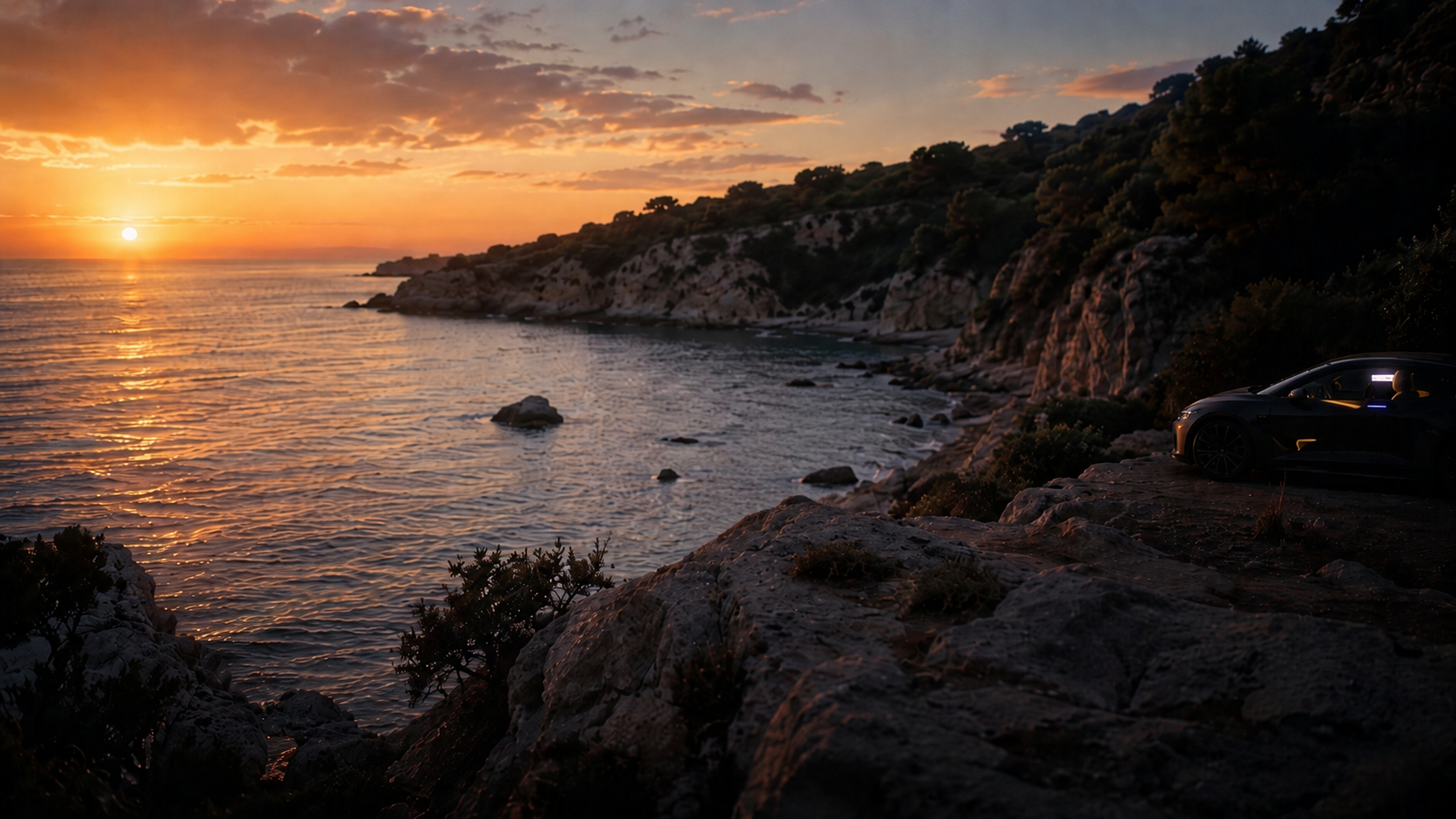 A wide cinematic photograph of a small rocky cove at sunset, taken from a height. The sun sits low on the sea horizon to the left, casting a long golden trail across the gently rippled water. Soft pink and amber clouds stretch across the sky. To the right, scrub-covered limestone cliffs rise in deep silhouette along the coastline. A dark sedan with its interior softly lit is parked alone on a rocky promontory in the lower right of the frame, facing outward over the water. Low brush and pale stones fill the foreground. The scene is still and unpeopled, saturated with the last warmth of the day.