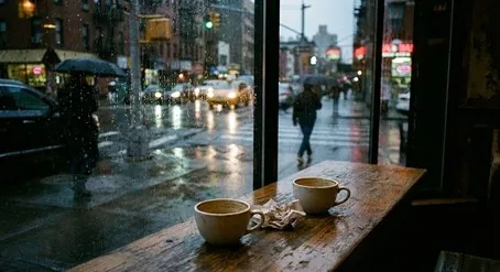 Two coffees gone cold at a table by the window