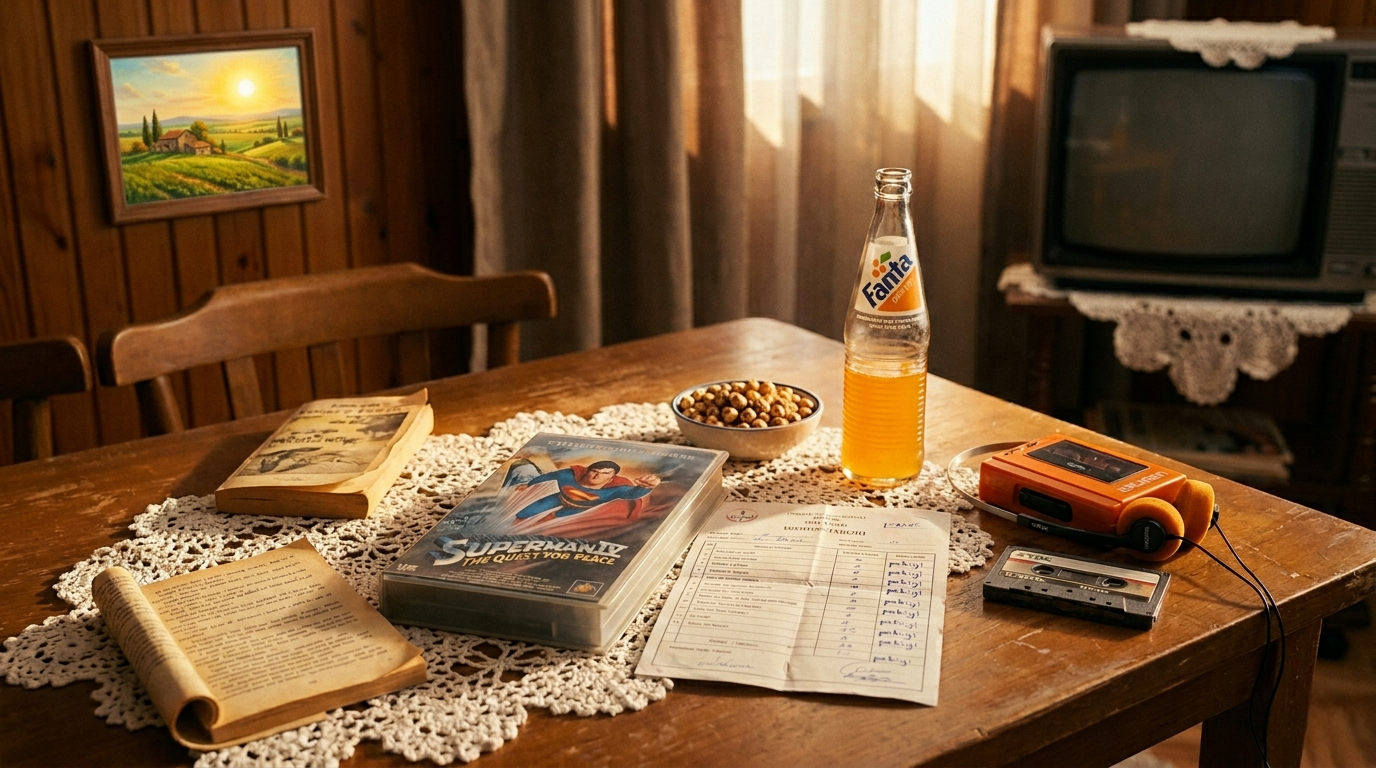 A boy walks out of school into blinding summer light, report card in hand