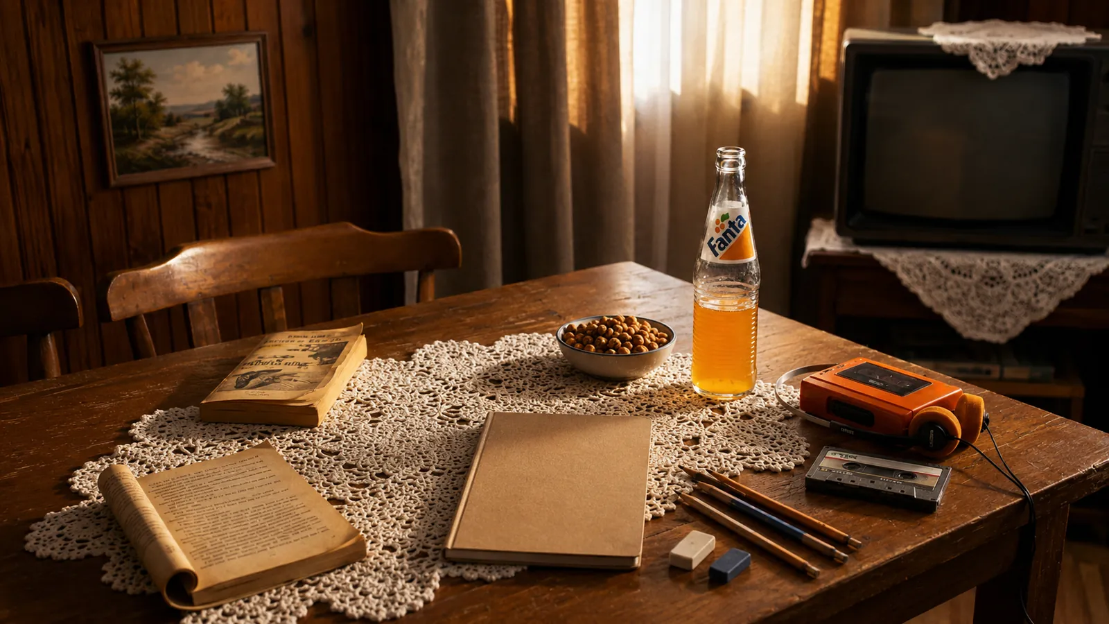 A nostalgic late 1980s setting on a wooden table with a lace tablecloth, featuring a Superman IV VHS tape, a school report card with ’Pekiyi’ grades, a glass bottle of Fanta, a Walkman with headphones, and a bowl of roasted chickpeas.