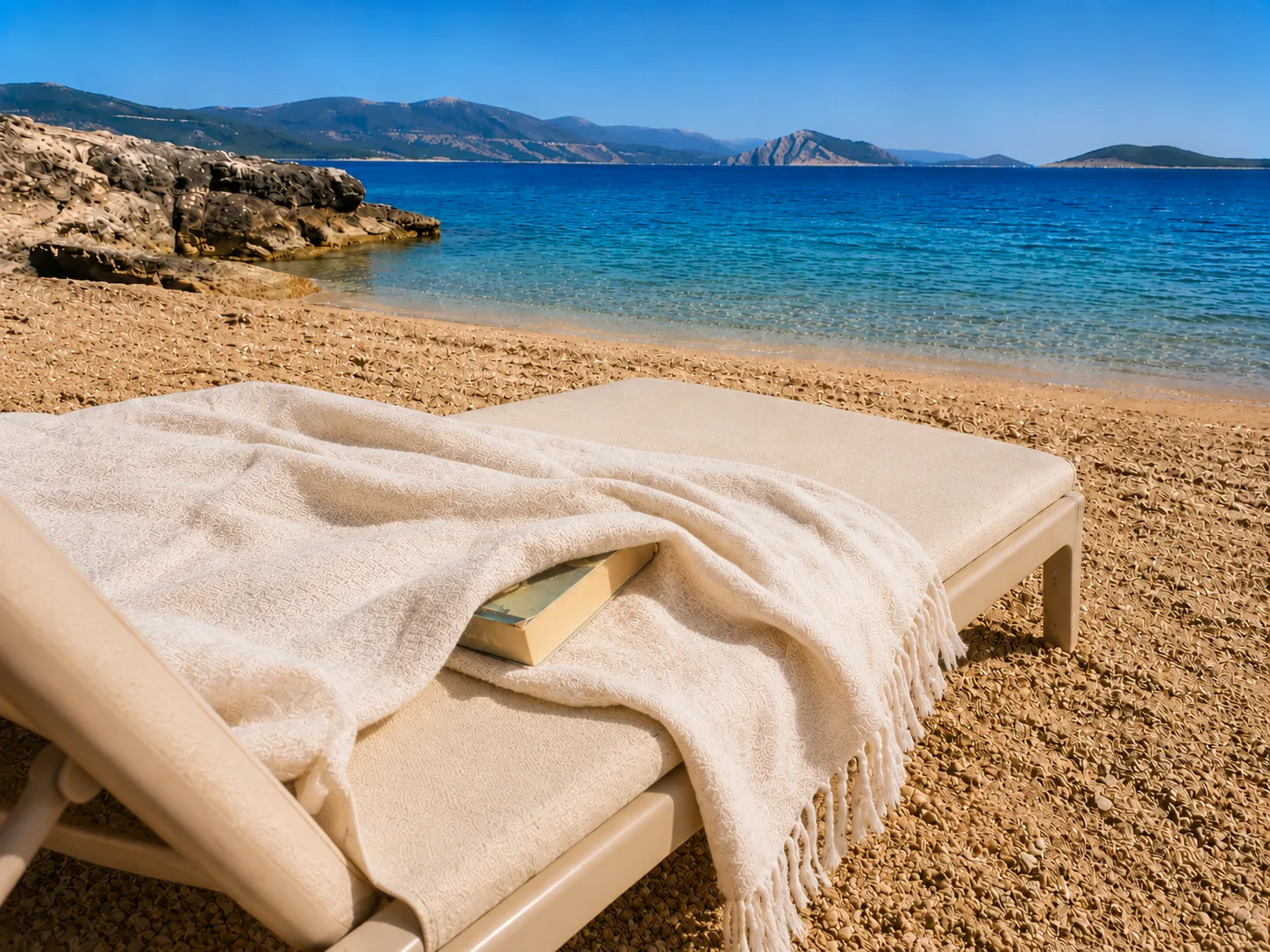 A wooden sun lounger on a pebbled beach, draped with a cream fringed throw; a book rests half-tucked beneath the throw. Calm blue sea, rocky shore, and distant hills behind.