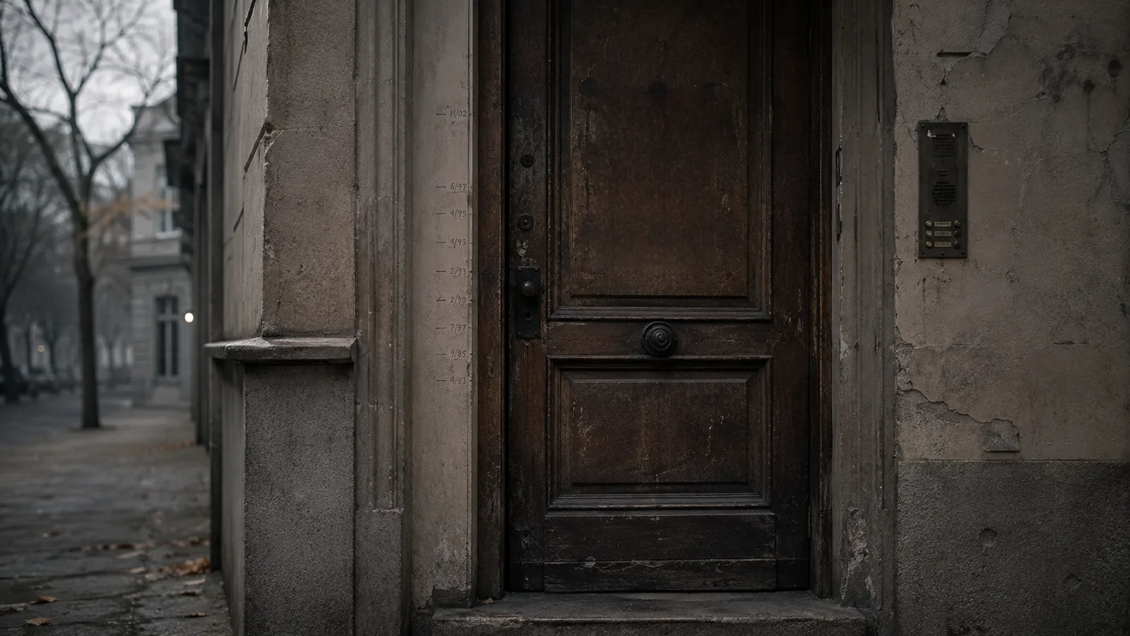 A dark, weathered wooden street door in a stone frame on an empty winter street. On the stone beside it, a column of small height marks is scratched into the surface, each one dated with a month and year.