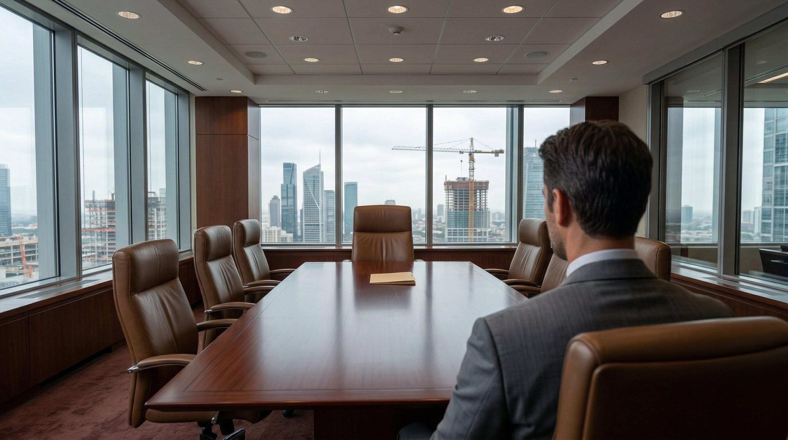 A young man in a leather chair facing a mahogany desk in a sunlit office