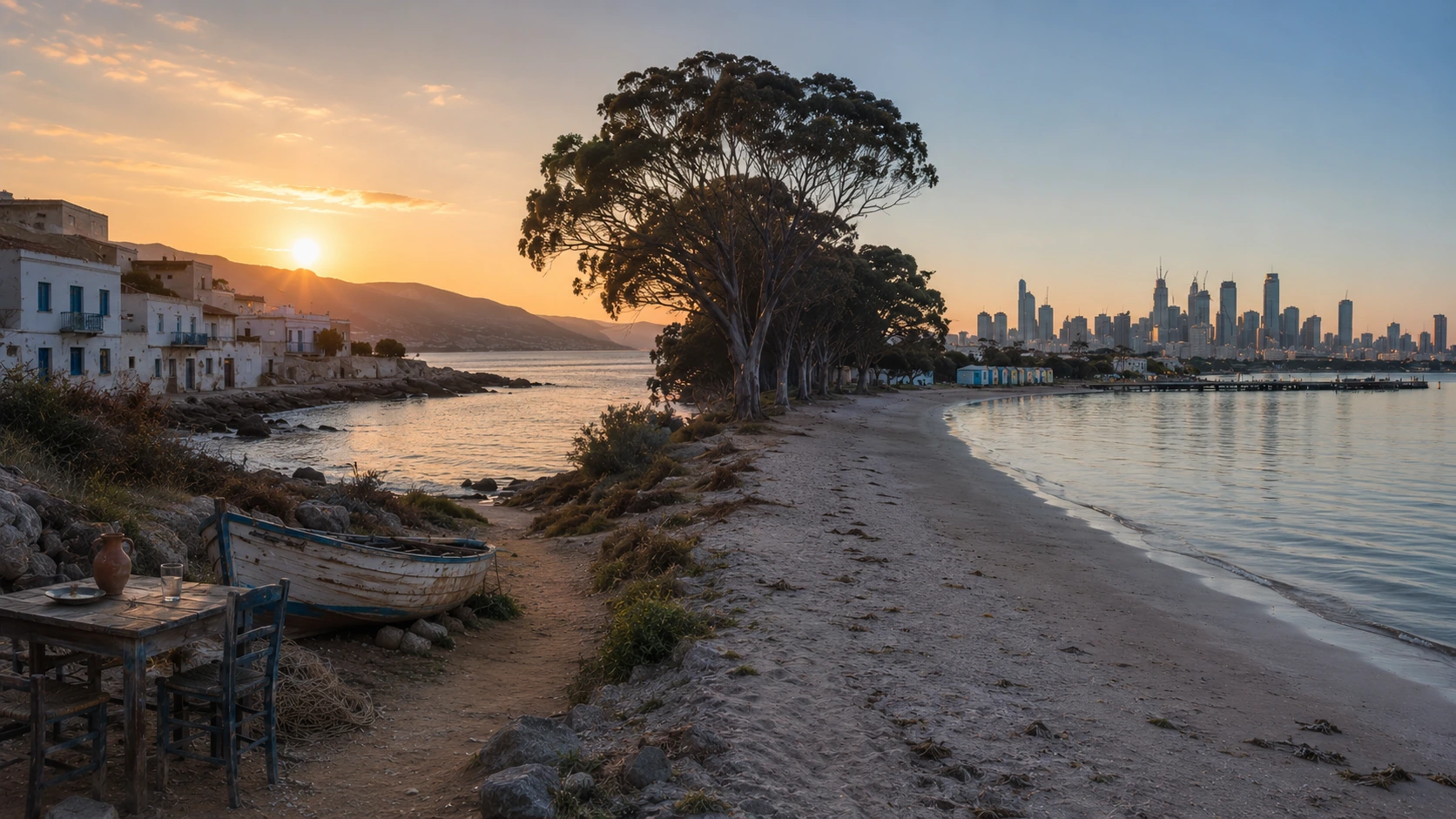 A golden hour coastal scene. In the foreground, a rustic wooden table, chair, and a weathered boat rest on a sandy shore. On the left, old whitewashed buildings line the water's edge, while a path lined with tall, dark trees leads the eye across a calm expanse of water toward a modern city skyline with tall skyscrapers in the distance.