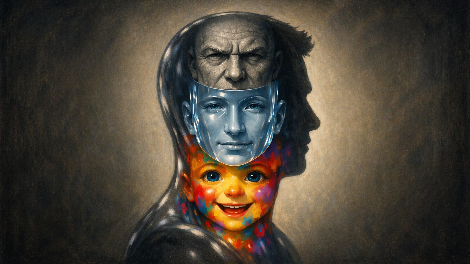 A man's dark silhouette in profile, holding three stacked faces within: a stern elder at the top, a still adult at the center, a smiling, colorful child below.