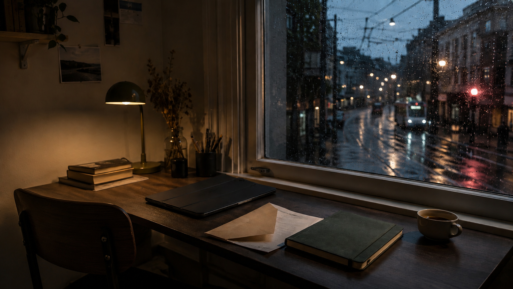 A dark wooden desk by a rain-streaked window at night. On it: a lit lamp, a stack of books, dried flowers, pens in a cup, a tablet in a black case, an opened envelope with a letter half out of it, a closed green notebook, and a cup of coffee. Through the window, a wet street at dusk with tram wires, a passing tram, and blurred lights.