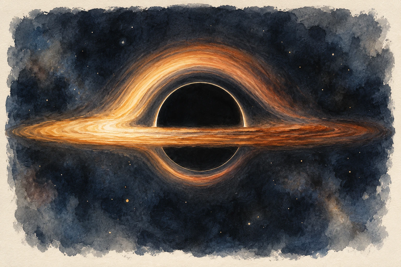 A watercolor black hole with a dark round center, a thin golden disk crossing in front, a broad arch above and a smaller arc below. The left side of the disk is brighter.
