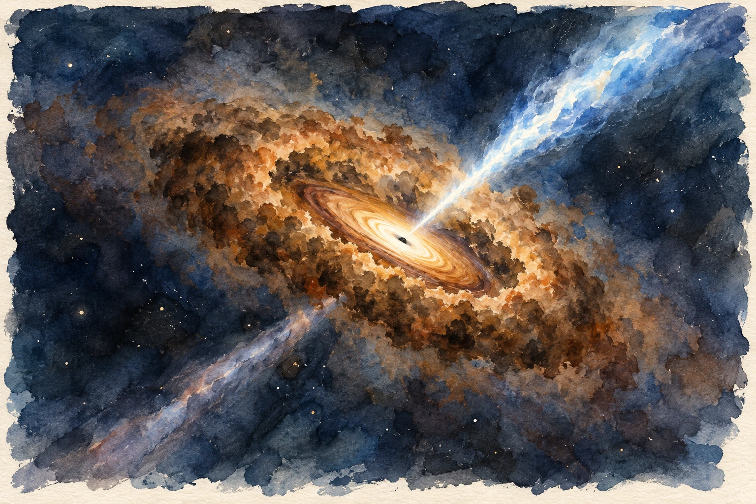 A watercolor quasar with a small dark center inside a bright tilted golden disk, surrounded by a rough brown ring of dust. A bright blue-white jet extends toward the upper right and a fainter jet toward the lower left, against indigo space with irregular cream paper edges.