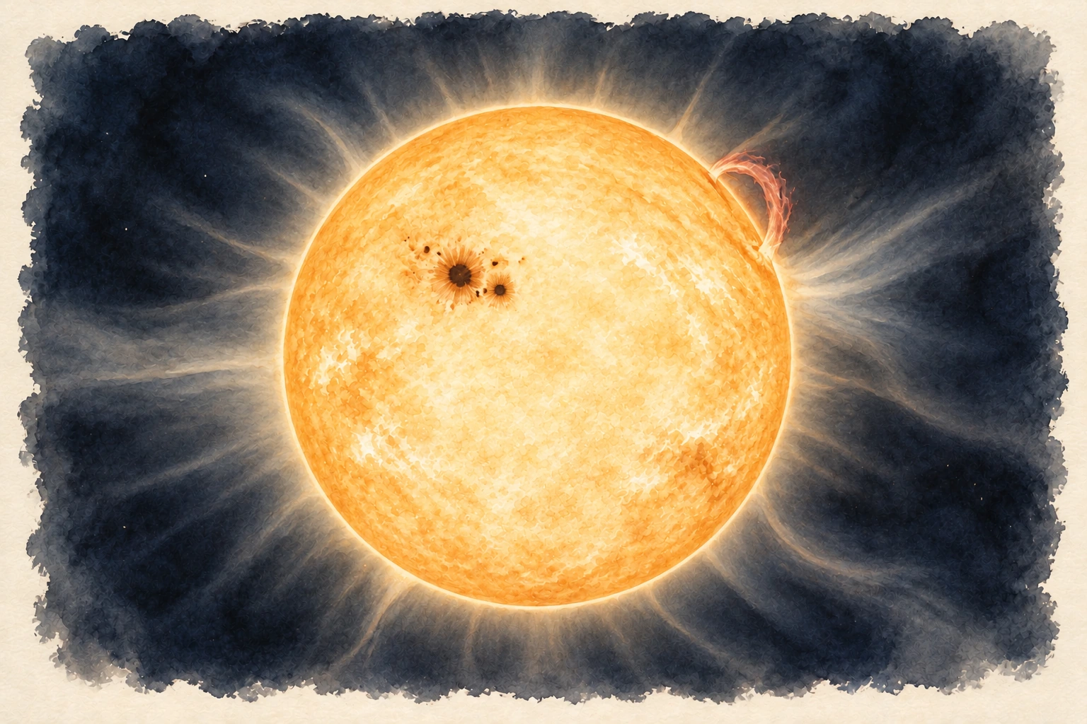 A golden watercolor Sun with a small group of dark sunspots above and left of center, a rose-colored arch above its upper-right limb, and a faint corona spreading into dark blue space.