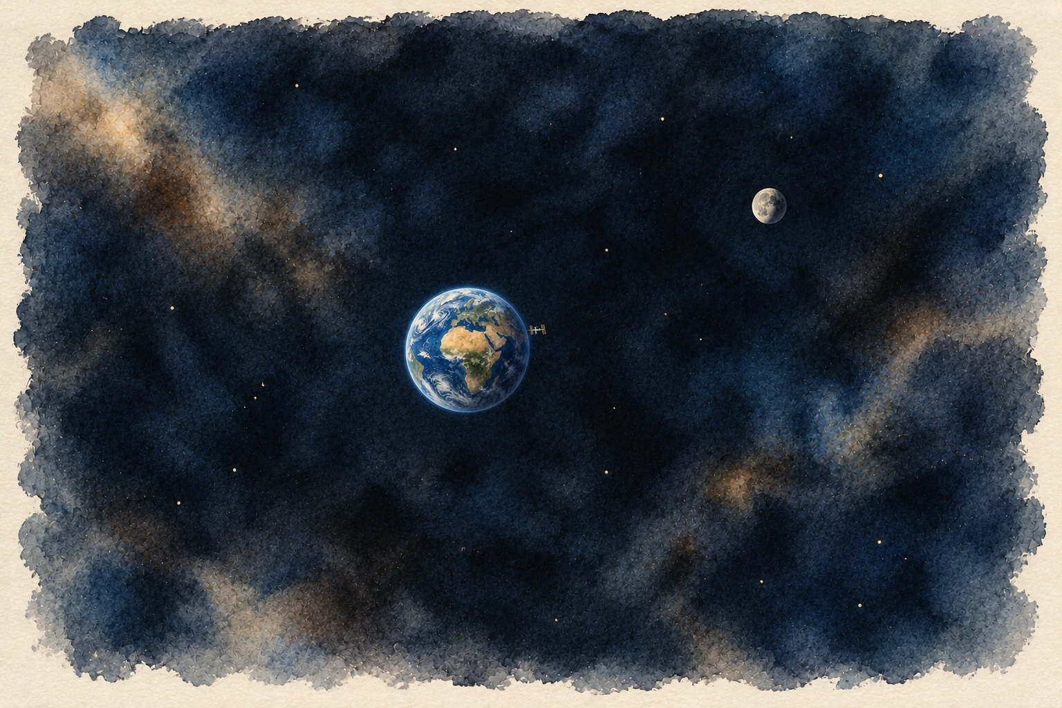 A wide watercolor view of Earth, a small gray Moon and the International Space Station, separated by indigo space.