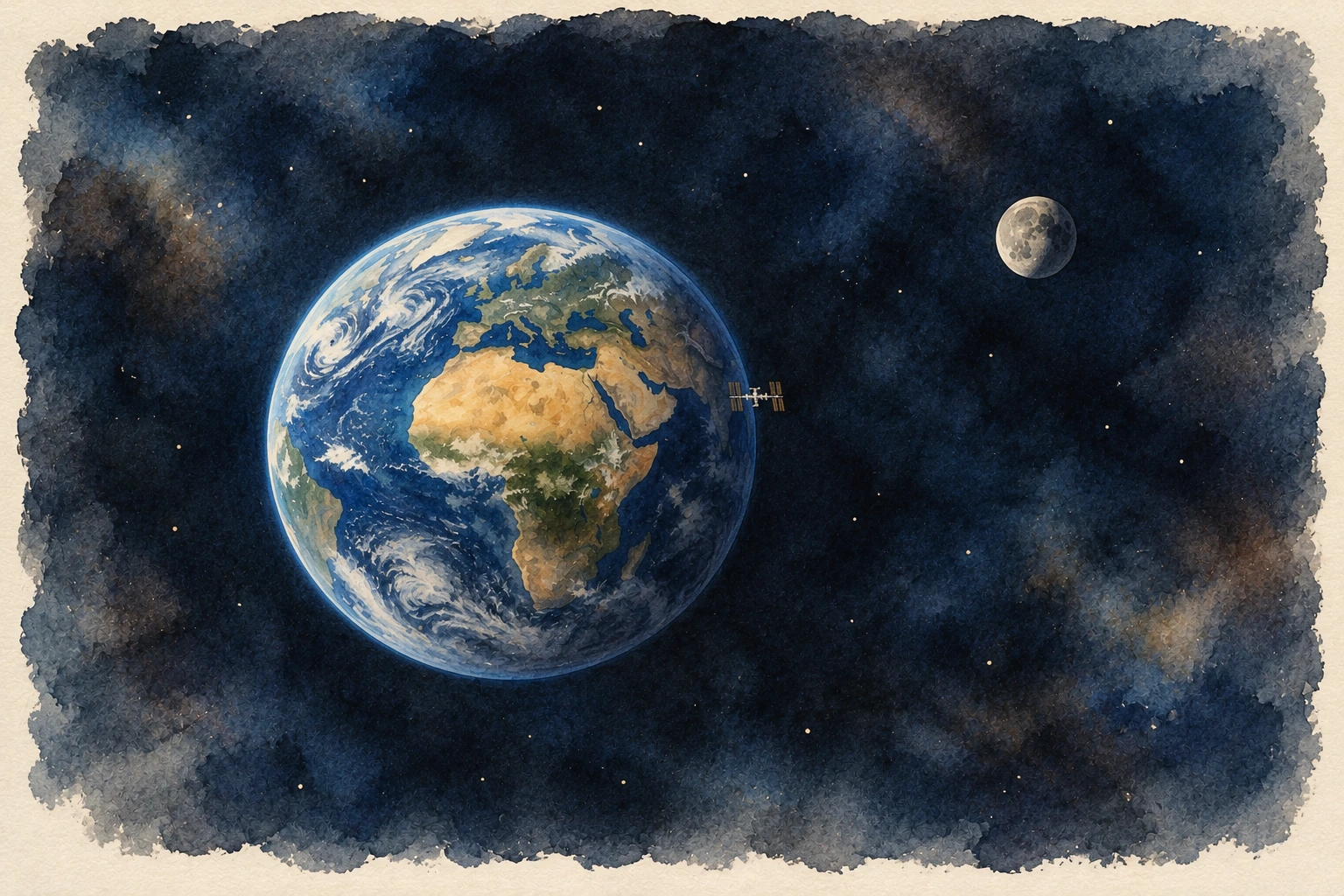 A closer watercolor view of Earth with Africa, blue oceans and cloud bands. The Moon and space station remain visible.