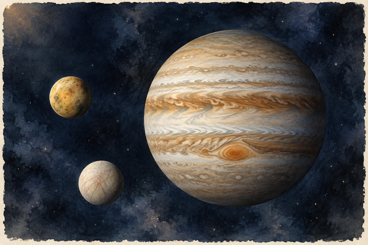 Watercolor Jupiter with cream and brown cloud bands and an orange-red oval storm below its equator. Ochre-yellow Io is to the left, and pale fractured Europa is below it. A tiny Mars at upper left offers a return.