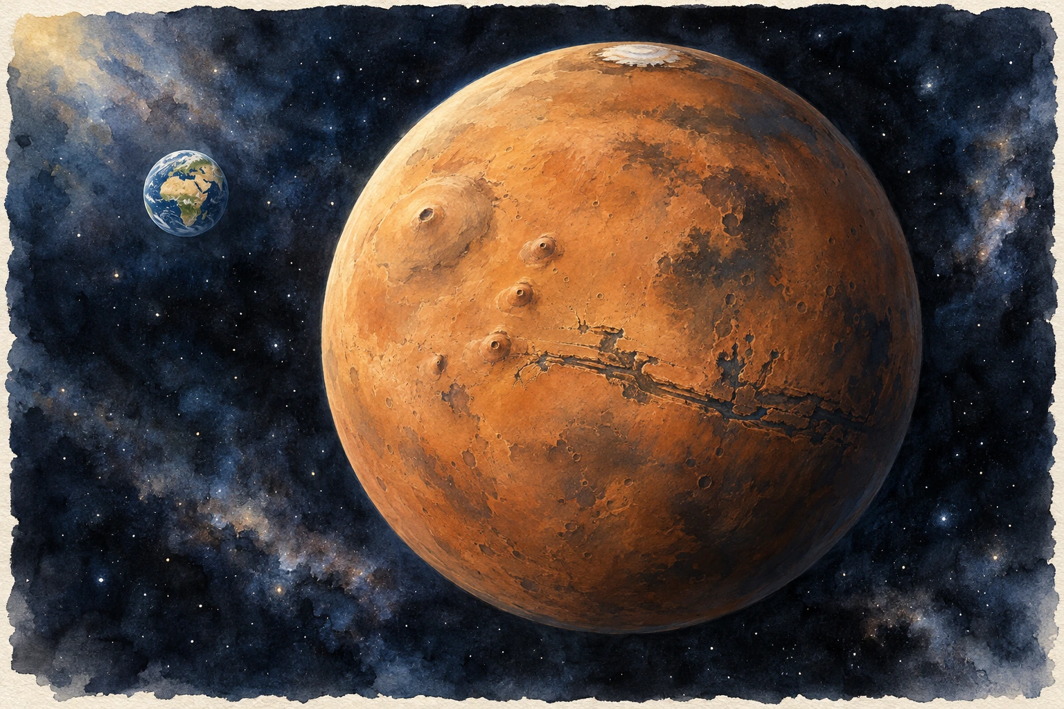 Watercolor Mars with a broad Olympus Mons at upper left, smaller Tharsis volcanoes, a branching canyon across its lower middle and a pale north polar cap. A small blue Earth is visible to the left, and a tiny striped Jupiter at upper right marks the next destination.