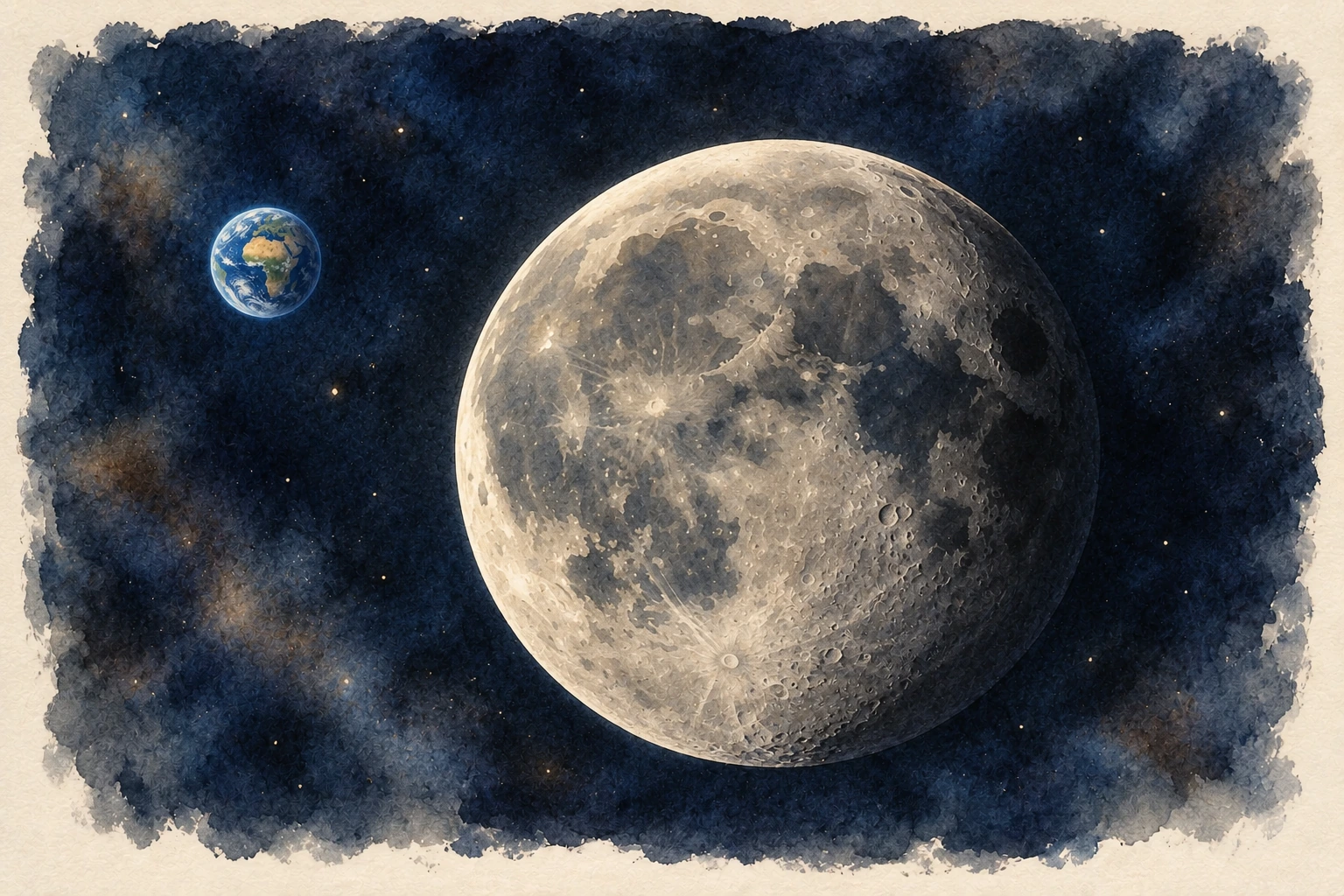 A large watercolor Moon with dark lava plains and lighter cratered highlands, with a small blue Earth to the left. A tiny rust-colored Mars to the upper right marks the next destination.